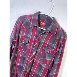 Wrangler Western Shirt Mens XL Burgundy Plaid Pearl Snap Flannel Excellent